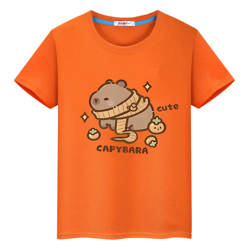 Capybara print t shirt for kids boy 10year Short y2k one piece 100%Cotton Cute Tees Kawaii Tops pride t shirt girl clothes