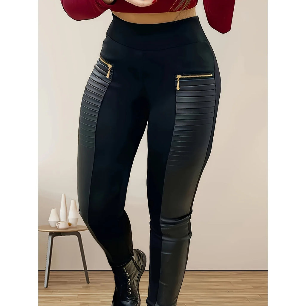 Black Casual Solid Color Stitching Large Size Pants