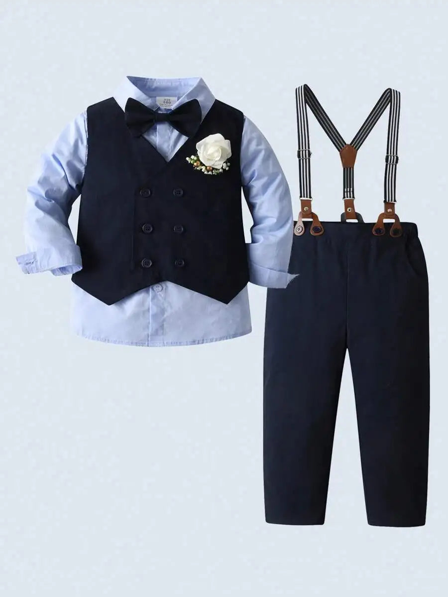 3-Piece Formal Suit Set for Toddler Boys: Shirt, Vest, Pants with Bowtie & Flower Pin