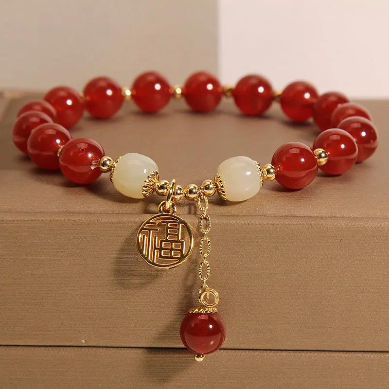 Red Crystal Bracelet with Golden Pendant,  Style Lucky Charm Jewelry, Gift for Family Friends, Daily Wear