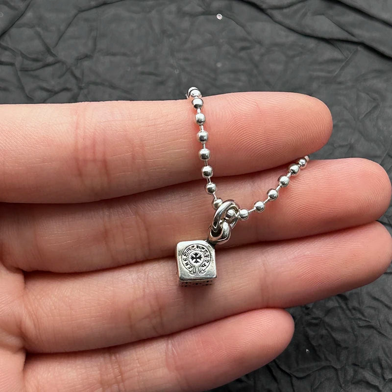 Sterling Silver Retro Old Ring Dice Pendant Necklace American Men and Women Niche