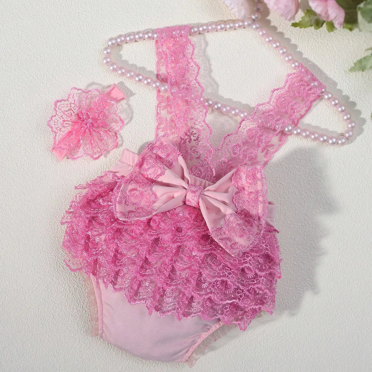 Newborn Photography Lace Romper Set  Photo Shoot Outfits with Bow Headband for Baby Girl Picture Ideas