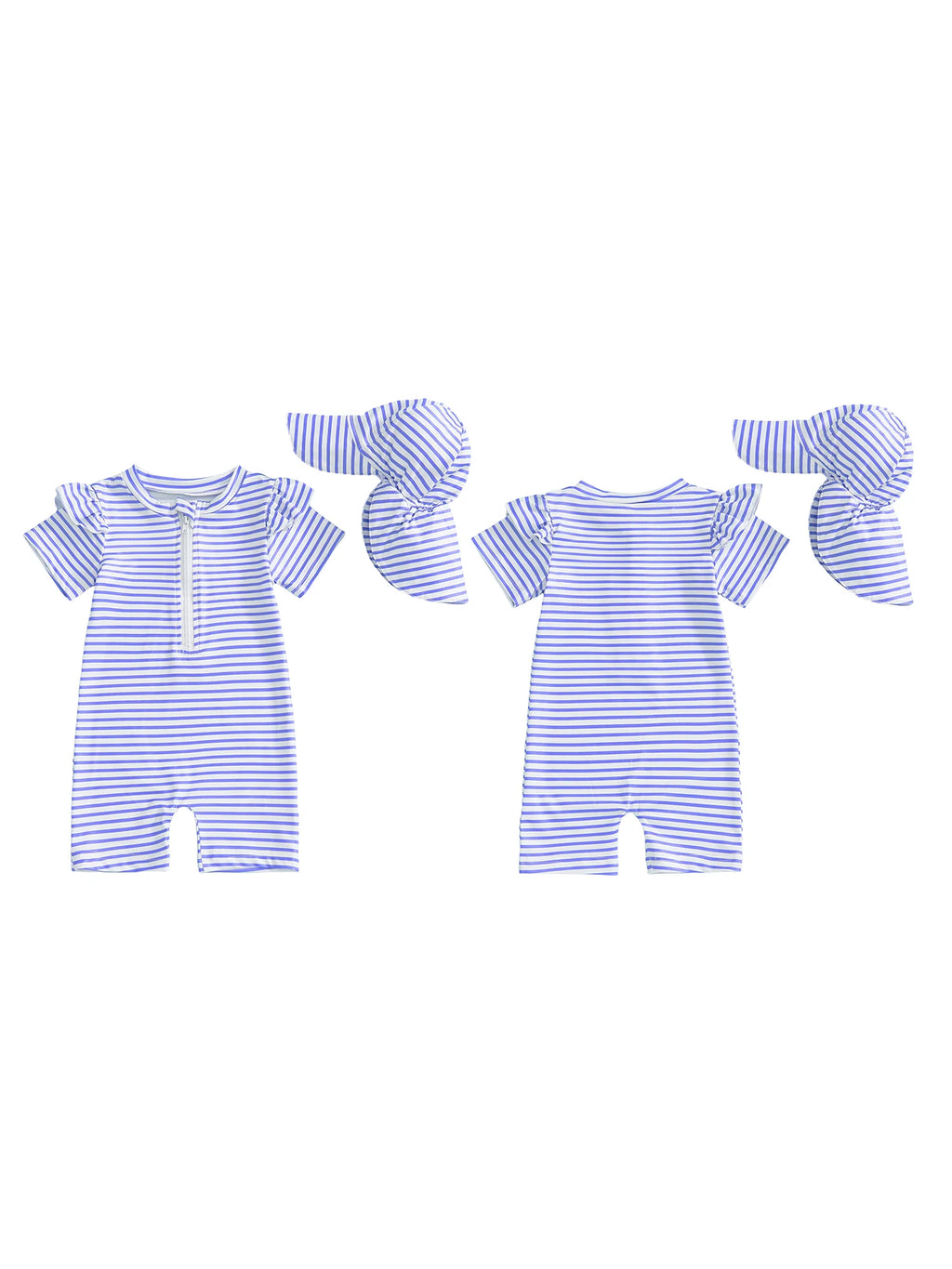 Adorable Infant Girls Bathing Suit with Matching Sun Hat 2 Piece Ensemble Featuring Striped Ruffles and Zip-Up Closure