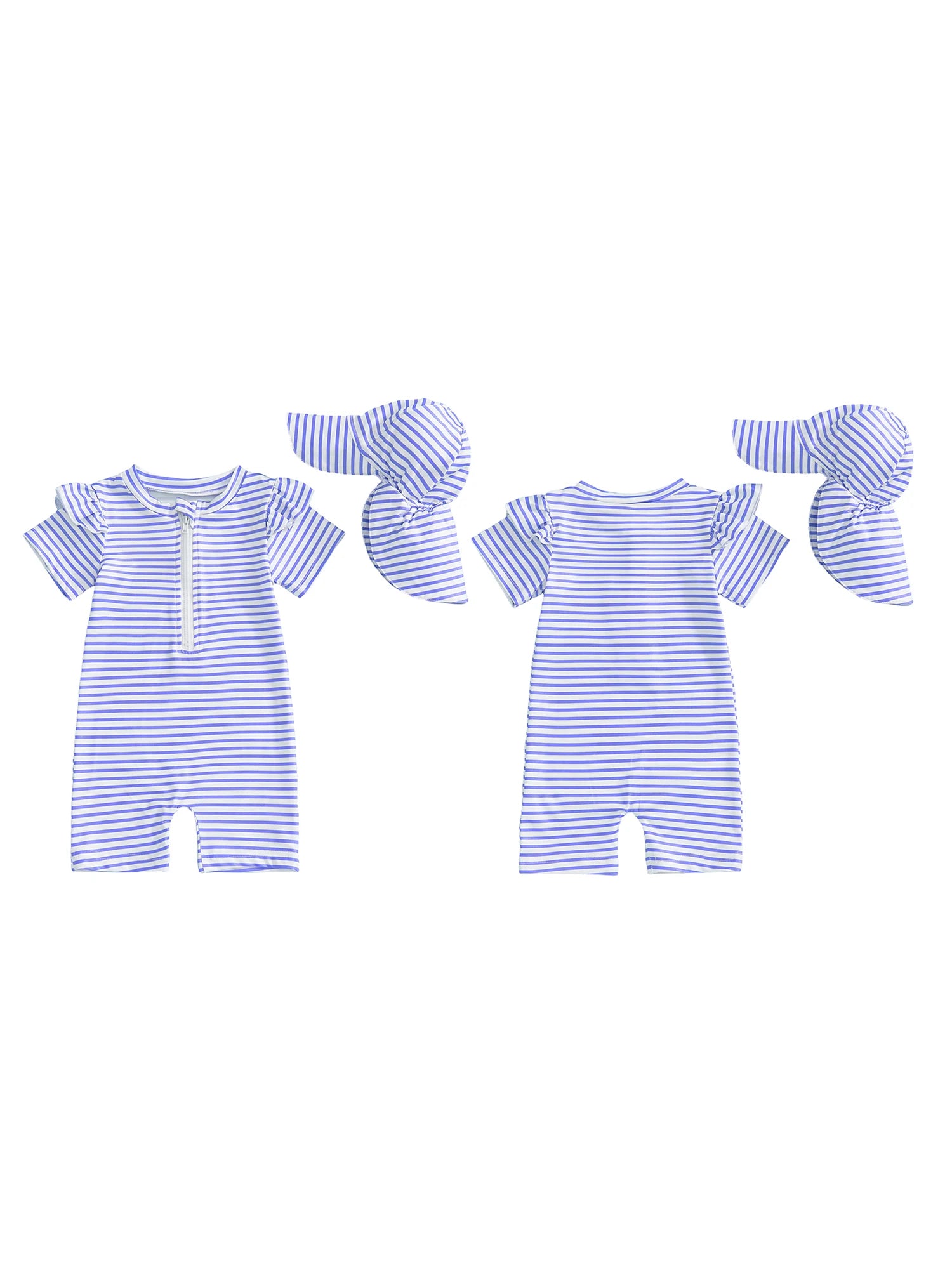 Adorable Infant Girls Bathing Suit with Matching Sun Hat 2 Piece Ensemble Featuring Striped Ruffles and Zip-Up Closure