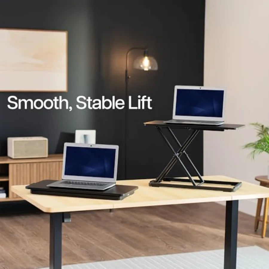 sit-stand workstation: 24-inch single-top scissors lift keyboard and mouse riser, height adjustable laptop desk, blac