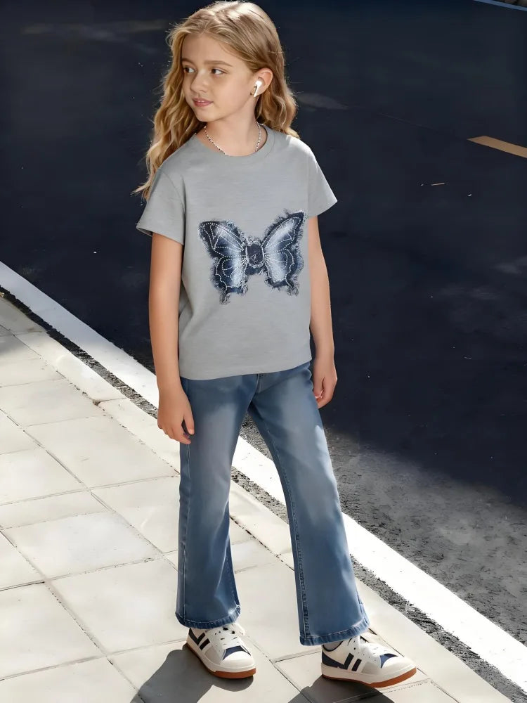 Children's Cotton T-Shirt Vintage Style Butterfly with Distressed Wing Details and Stitch Texture for Boys Girls Nature Inspired