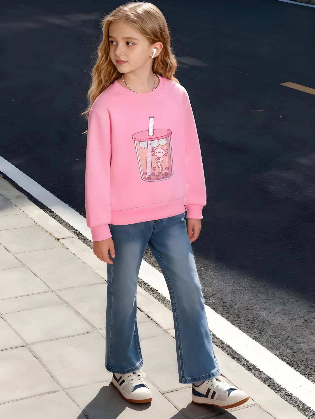 Children's Kids Cotton Bubble Tea in Cup Graphic Sweatshirt with Pearl Details for Boys Girls Sweet Theme Wear