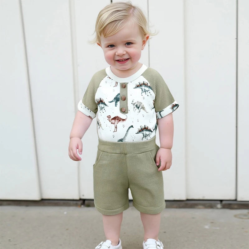 Toddler Boys Lightweight Cotton Outfits with Cute Animal Print Short Sleeves T-Shirt and Elastic Waist Shorts Set for Summer