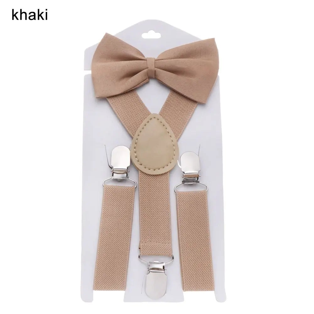 Kids Elastic Suspenders Bow Tie set Matching Tuxedo Suit Unisex Boy Girl Bowtie Wedding Costume Adjustable Y-Back Brace Belt