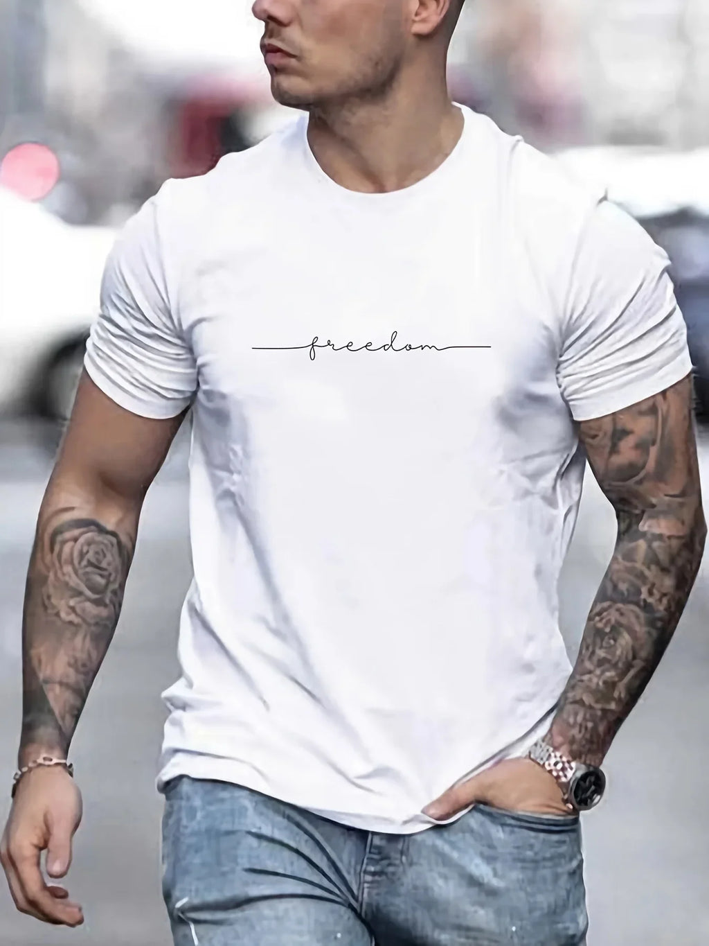 Men's Summer Loose Size 100% Cotton Freedom Graph Print Casual Slim Fit Round Neck T-shirt