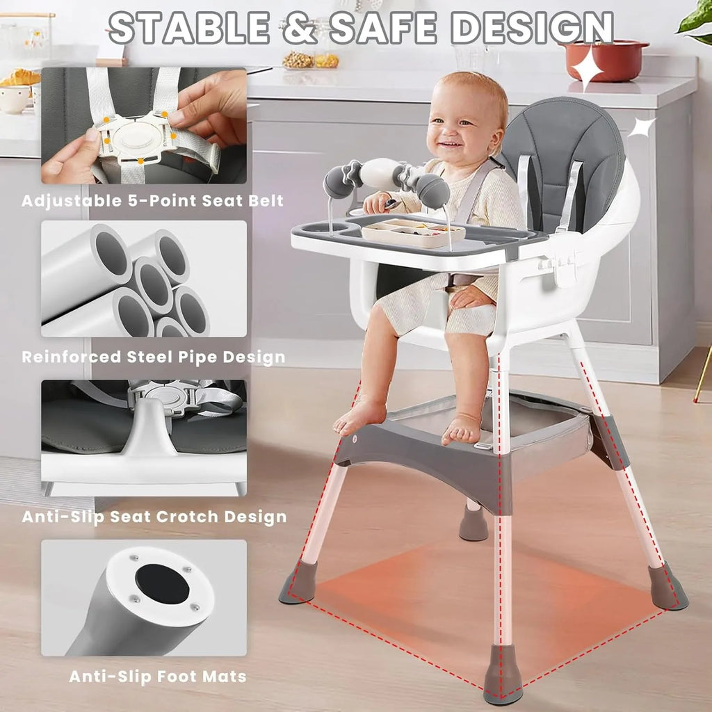 Foldable High Chair – Easy to Clean, Padded Seat with Footrest, Tray & Cup Holder