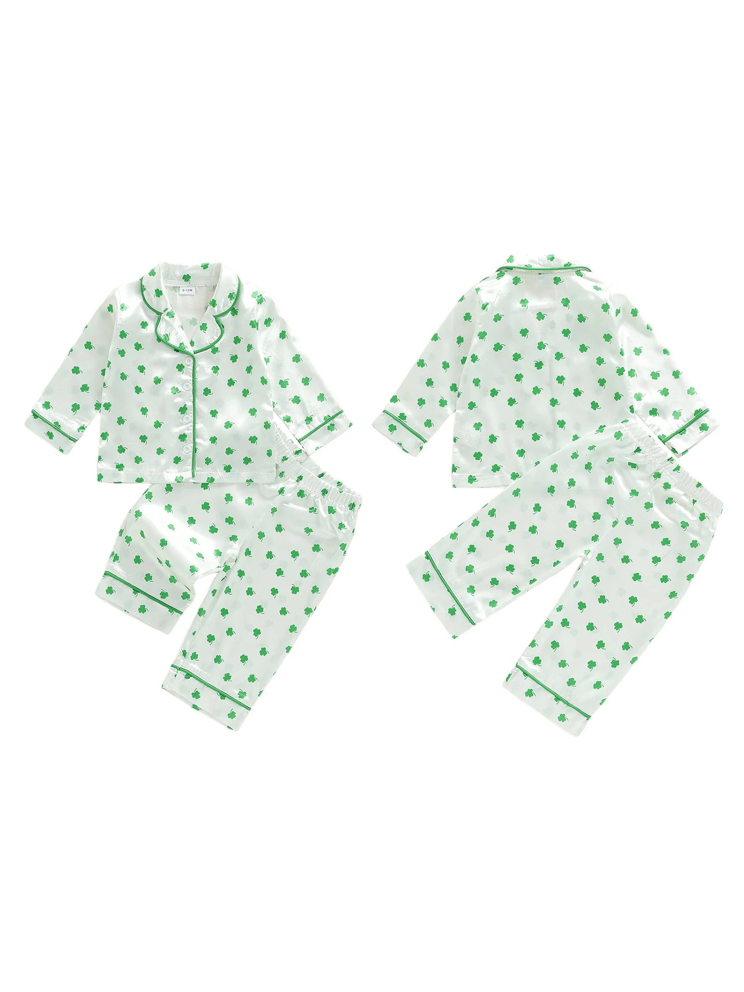 Kids St Patrick s Day Green Satin Pajama Set with Clover Print Long Sleeve Button-Up Top and Elastic Waist Pants