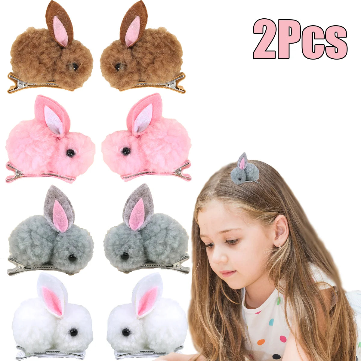 2Pcs Cute Bunny Hair Clips 3D Soft Hairball Plush Rabbit Hairpins For Baby Girls Children Headwear Ornaments Accessories Gifts