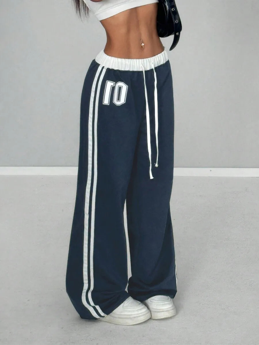 Women's Wide-Leg Sporty Sweatpants with Numeric Print and Side Stripes