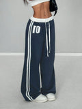 Women's Wide-Leg Sporty Sweatpants with Numeric Print and Side Stripes