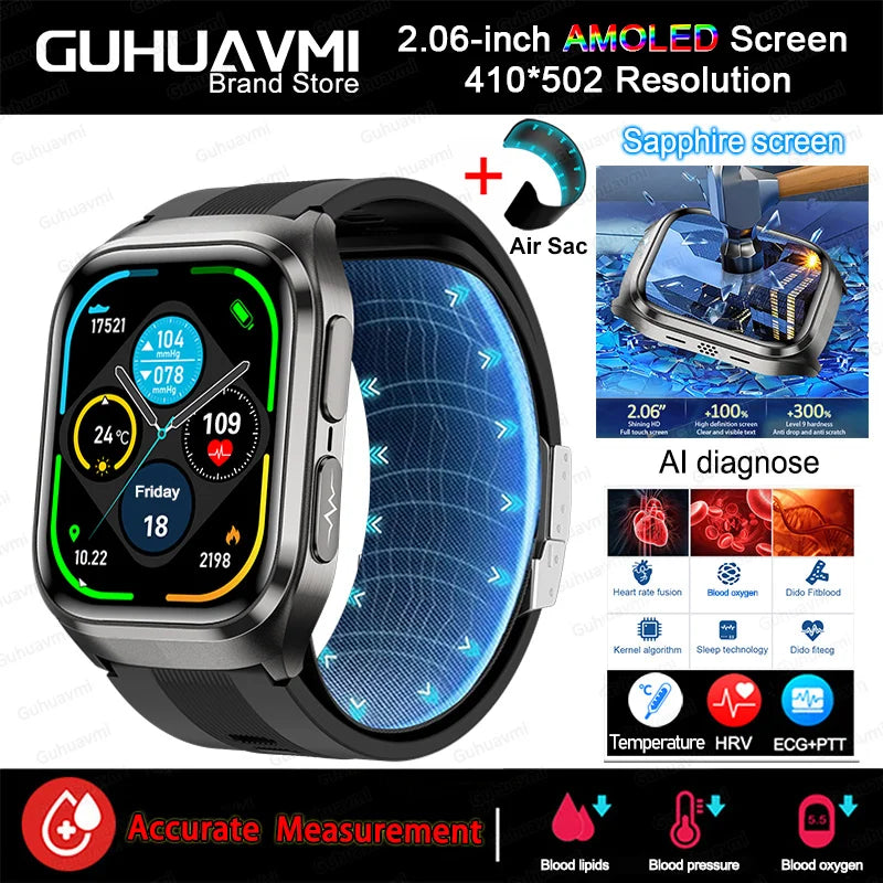New Nursing Grade Air Bag Smart Watch Men Blood Fat ECG+PPG Blood Pressure Broadcast NFC HD BT Call Health Smart Watch Woman