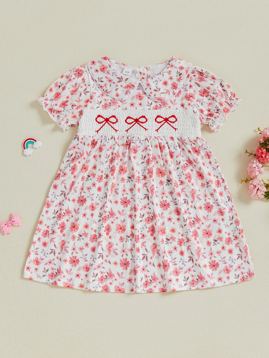 Toddler Girl Vintage Style Floral Print Dress with Embroidered Bow Detail and Puff Sleeves Perfect for Summer Parties and