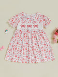 Toddler Girl Vintage Style Floral Print Dress with Embroidered Bow Detail and Puff Sleeves Perfect for Summer Parties and