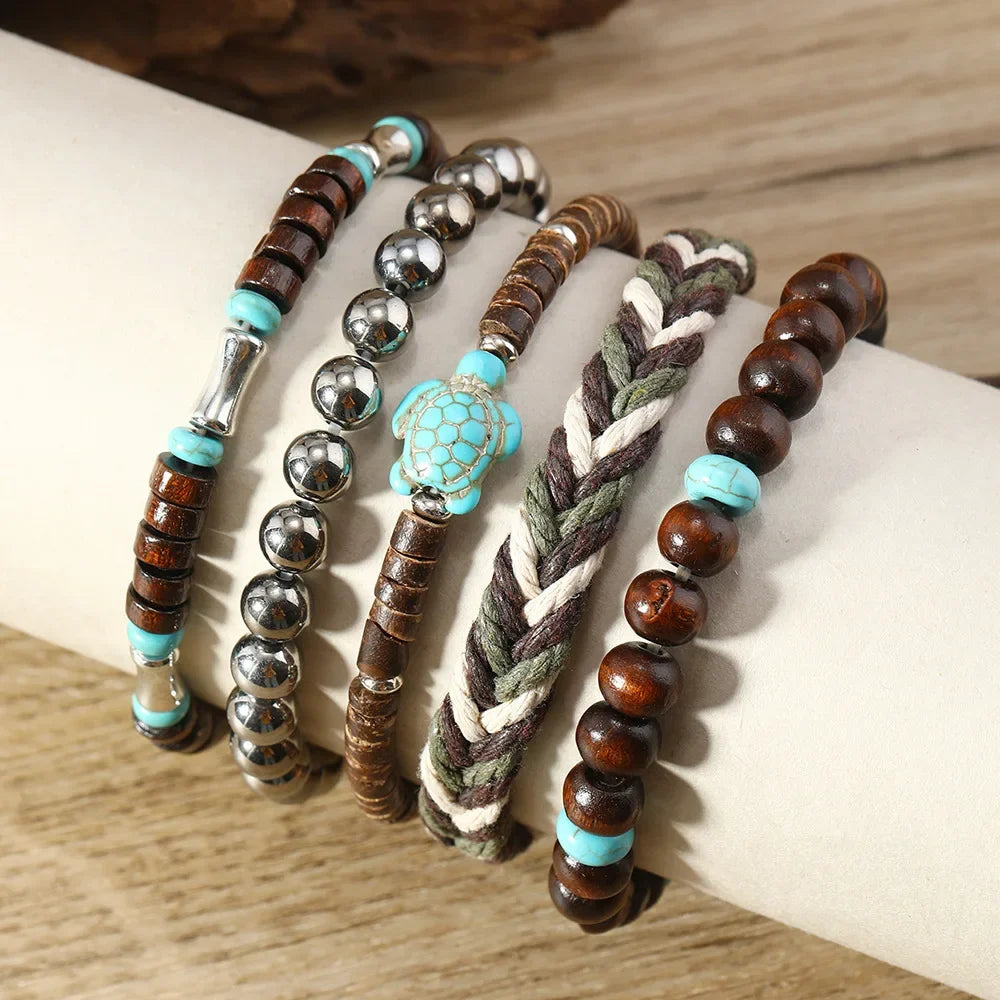 5-piece fashionable and creative turtle retro wooden bead wax rope woven bracelet, women's bracelet