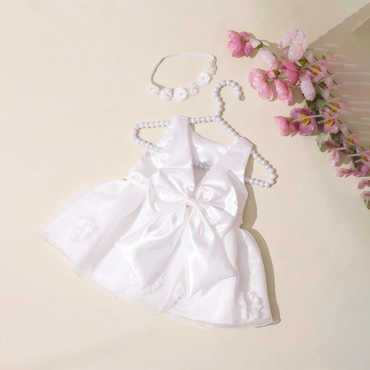 2Pcs Set White Newborn Girl Dress For Photo Shooting Big Bowknot Baby Photography Dress With Pearl Headband