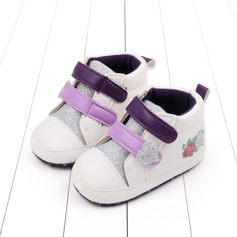 Adorable Baby Girl Shoes with Side Flower Print and Sparkle High Top Design Lightweight Soft Non-Slip PU Walking Shoes for