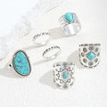 American Hot-Selling Niche High-End Versatile Turquoise Feather Vintage Ring Silver Ring Jewelry 6-Piece Set