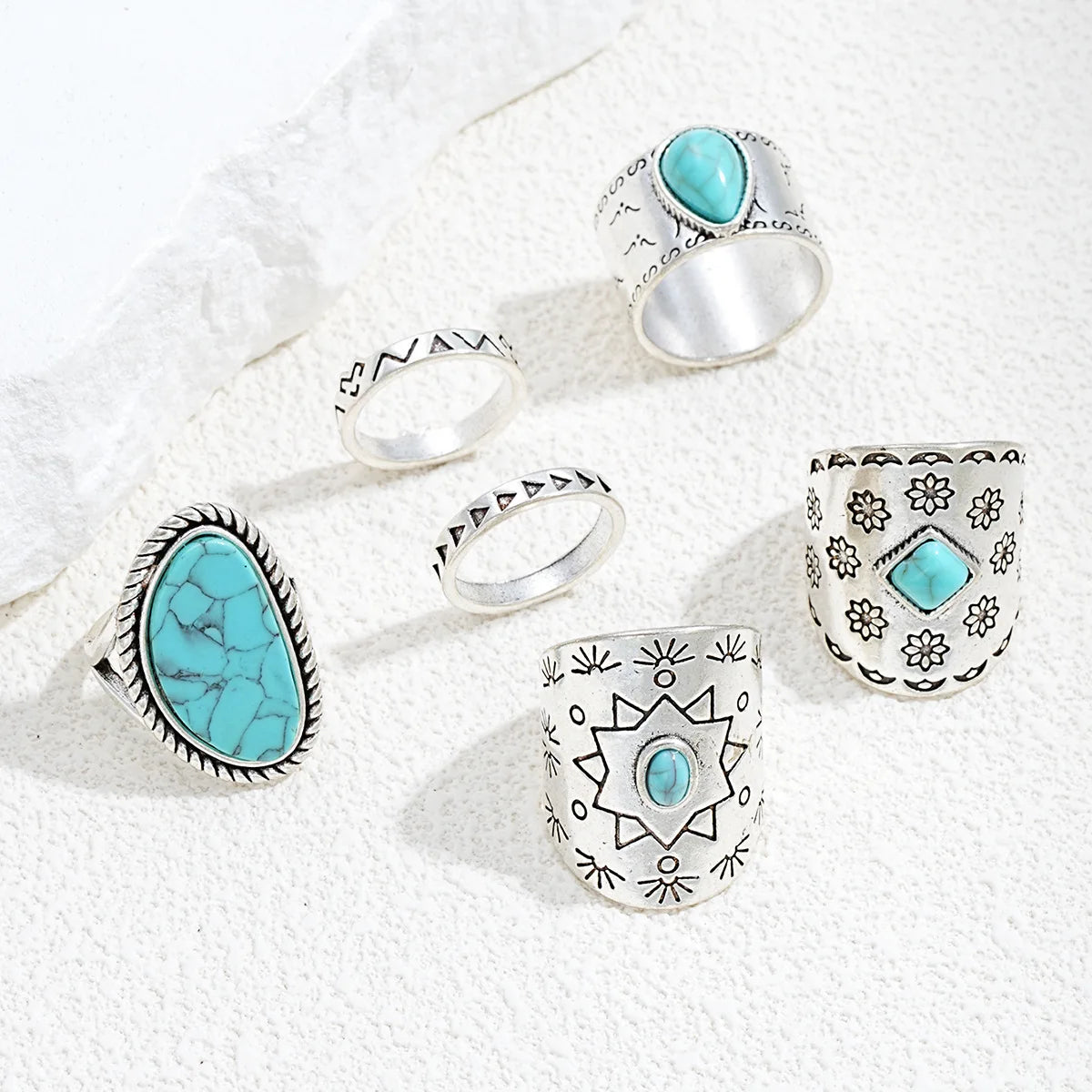 American Hot-Selling Niche High-End Versatile Turquoise Feather Vintage Ring Silver Ring Jewelry 6-Piece Set