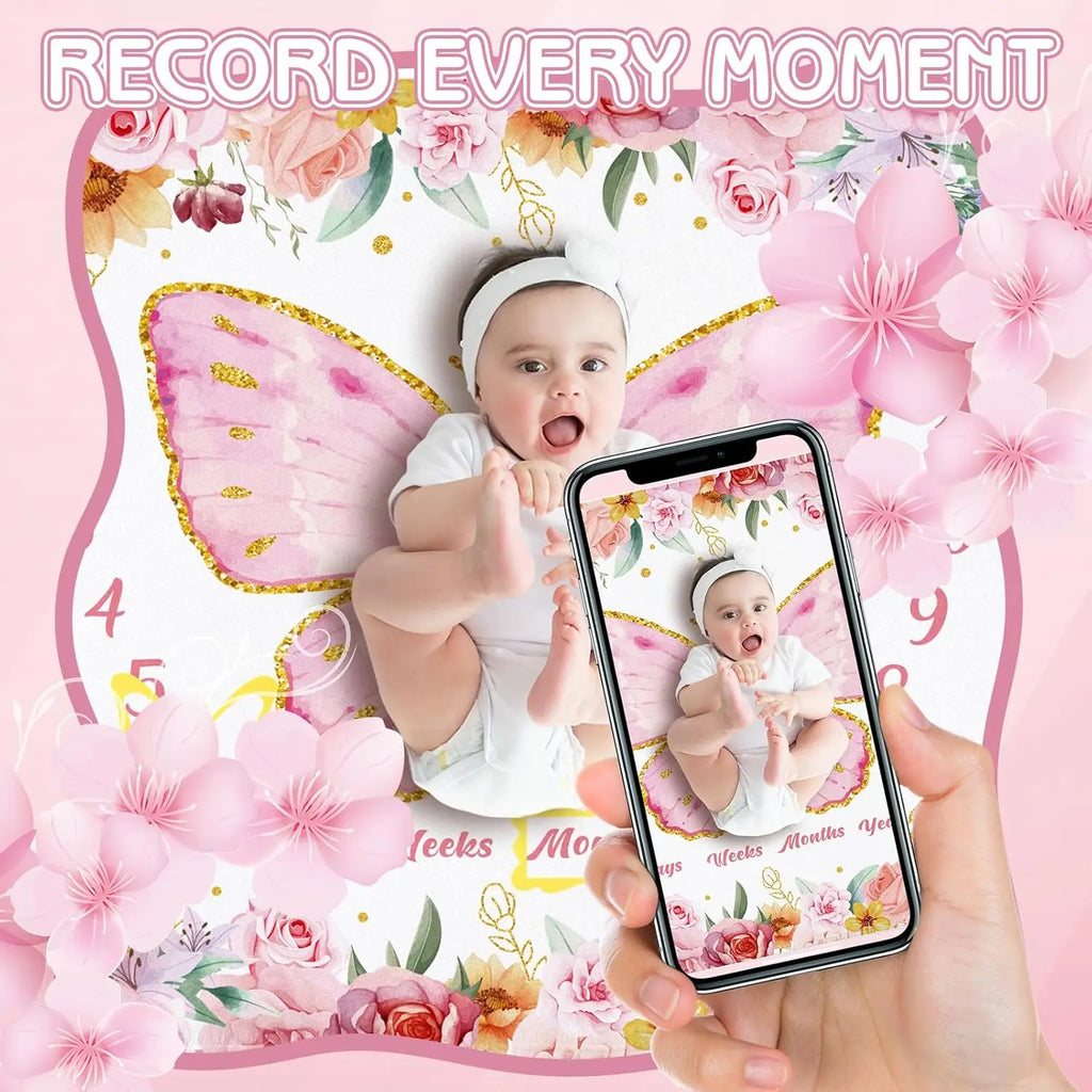 Butterfly Floral Baby Milestone Blanket with Wooden Signs and Headband for Newborn Photography