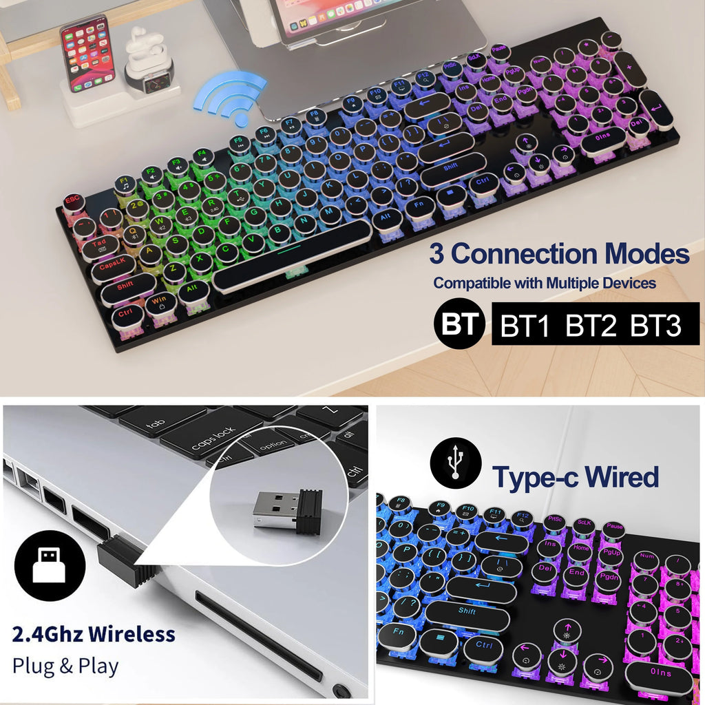 Wireless Punk Typewriter Mechanical Keyboard Round Keycaps And RGB 104-Key Game Office Triple Mode Wireless 5.0/2.4G/Wired E