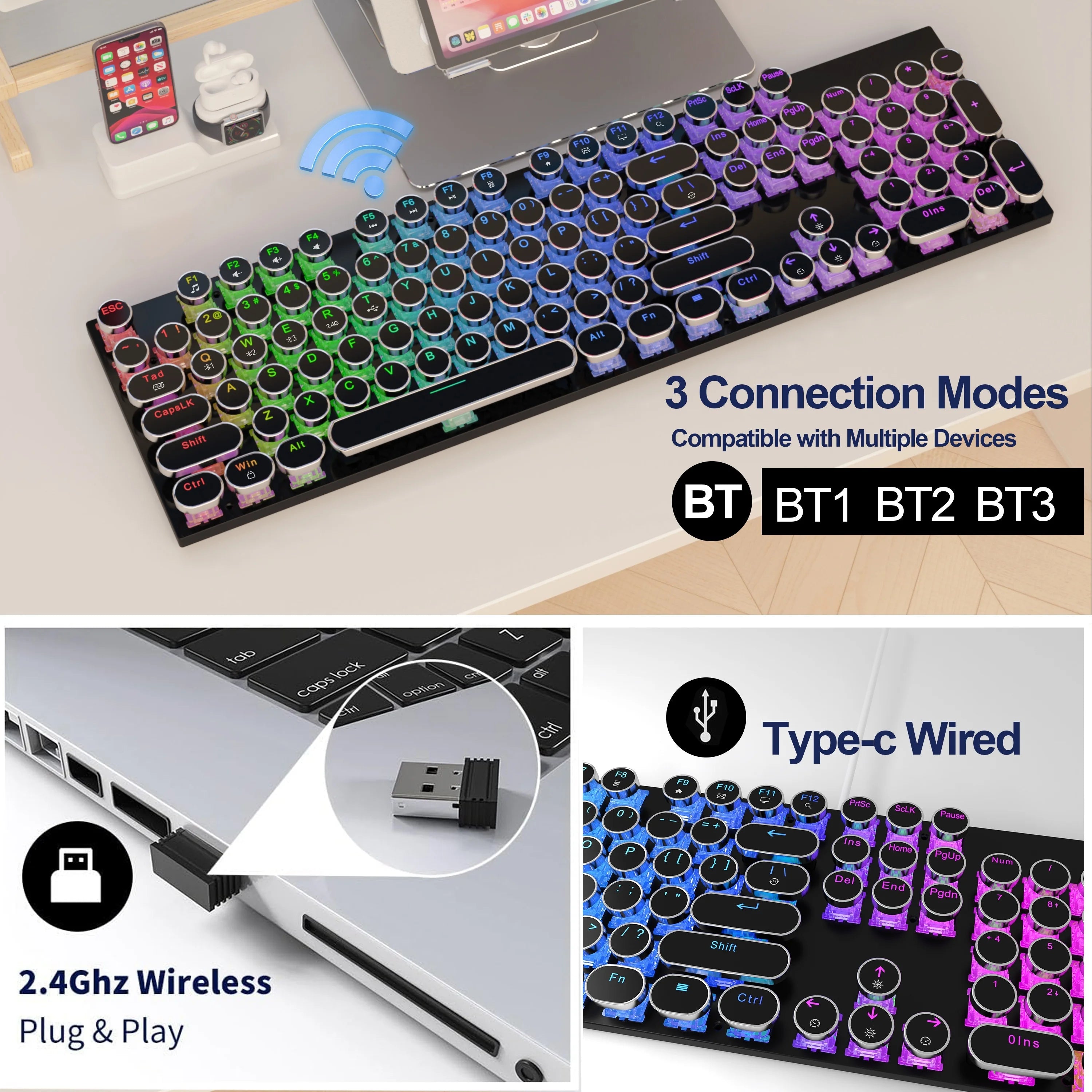 Wireless Punk Typewriter Mechanical Keyboard Round Keycaps And RGB 104-Key Game Office Triple Mode Wireless 5.0/2.4G/Wired E