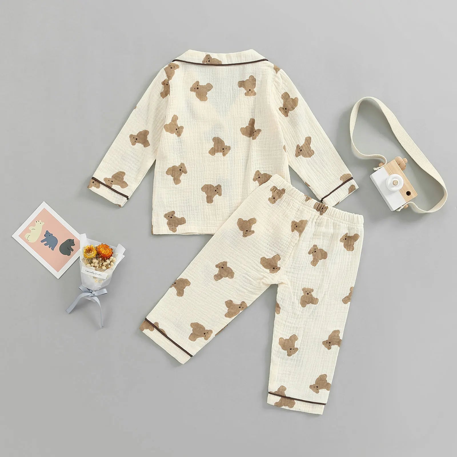 0-6Years Kids Unisex Casual Pajama Suit Bear Printed Long Sleeve Front Pocket Lapel Tops Printed Long Pant