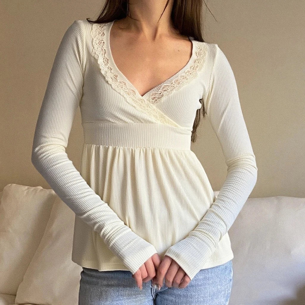 New Long Sleeve Lace Trimmed Wrap Blouse Womens Clothing Club Street Style Hot Sale S M L