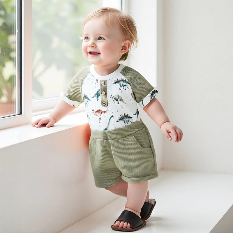 Toddler Boys Lightweight Cotton Outfits with Cute Animal Print Short Sleeves T-Shirt and Elastic Waist Shorts Set for Summer