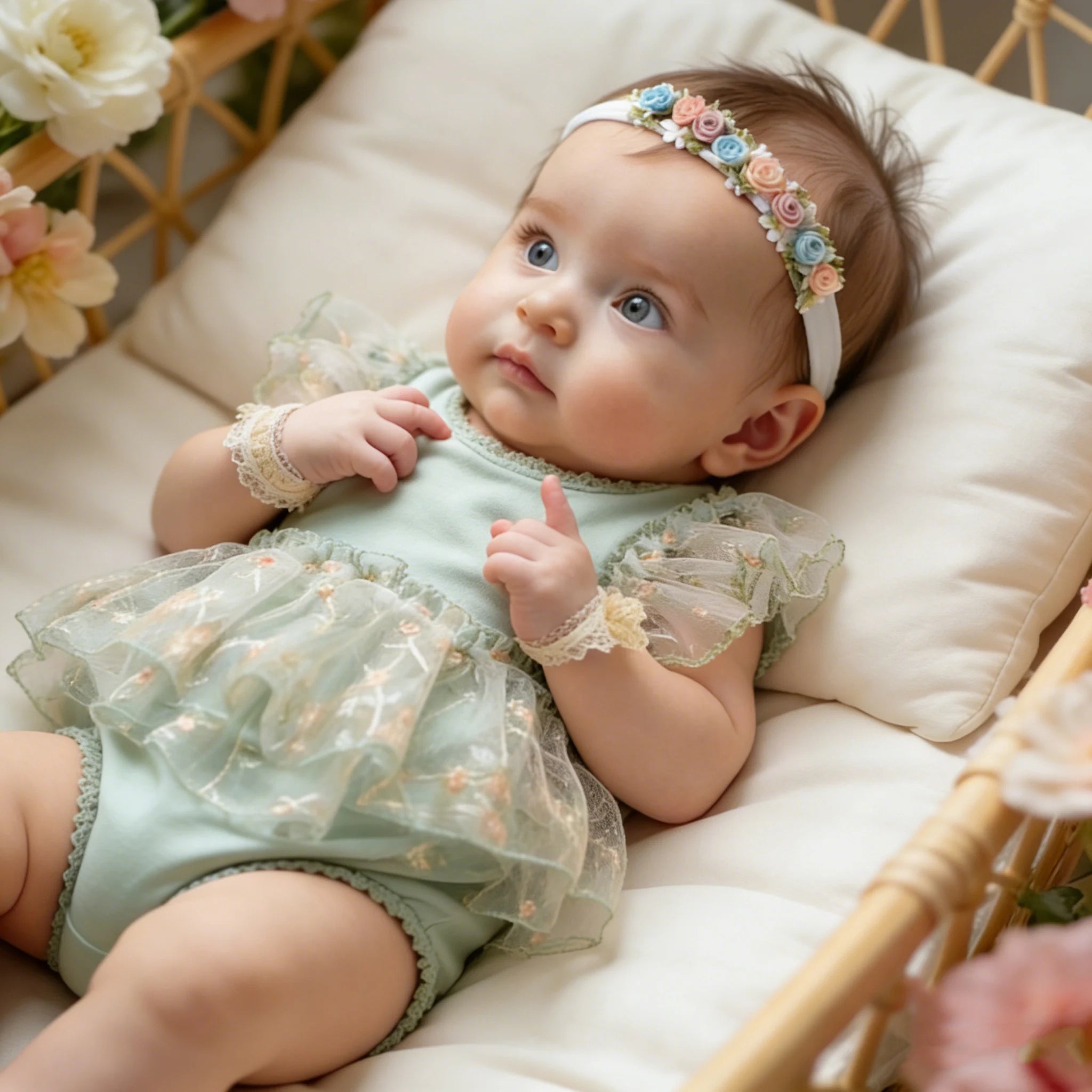 Infant Baby Girl Lace Romper NewbornTulle Dress Flowers Bodysuit Summer Festival Clothes with Headband Photography Outfit-HD