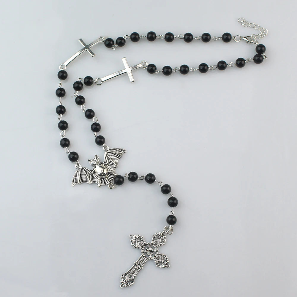Gothic Bat Cross Rosary Necklace for Women Fashion Mystery Witch Jewelry Accessories Gift Silver Color Bat Charm Vampire Choker