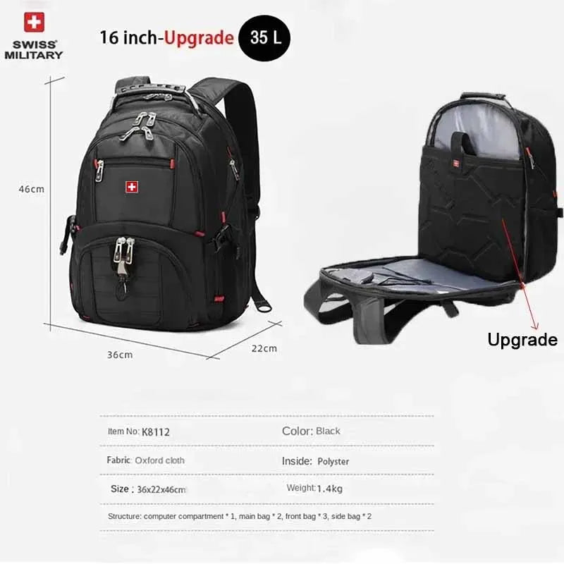 SWISS 17' Laptop Backpack Waterproof USB Charge Port Swiss-style Multifunctional Rucksack Schoolbag Mochila Hiking Travel Bag
