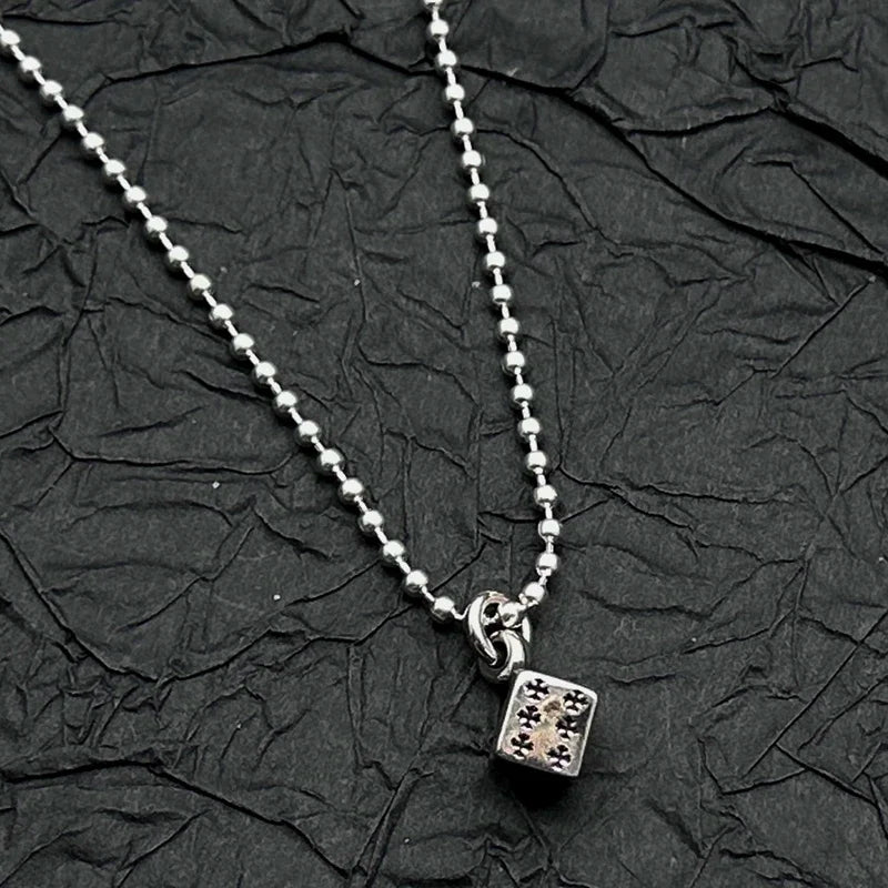 Sterling Silver Retro Old Ring Dice Pendant Necklace American Men and Women Niche