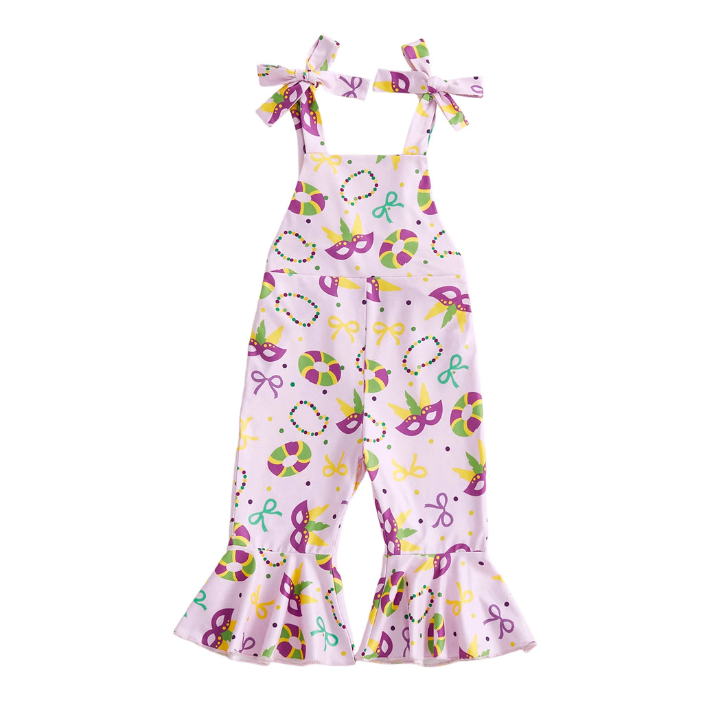 Infant Girls Romper with Printed Design Adjustable Spaghetti Straps and Stylish Bell Bottom Overalls