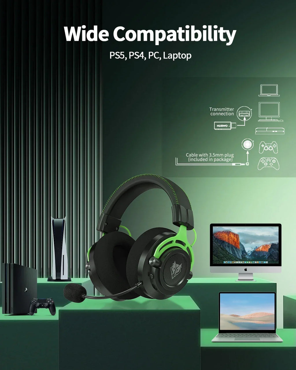 NUBWO G03 Headsets Gamer 2.4GHz Dual Stereo Sound Wireless Bluetooth Gaming Headphone with Dongle Noise Canceling Microphone