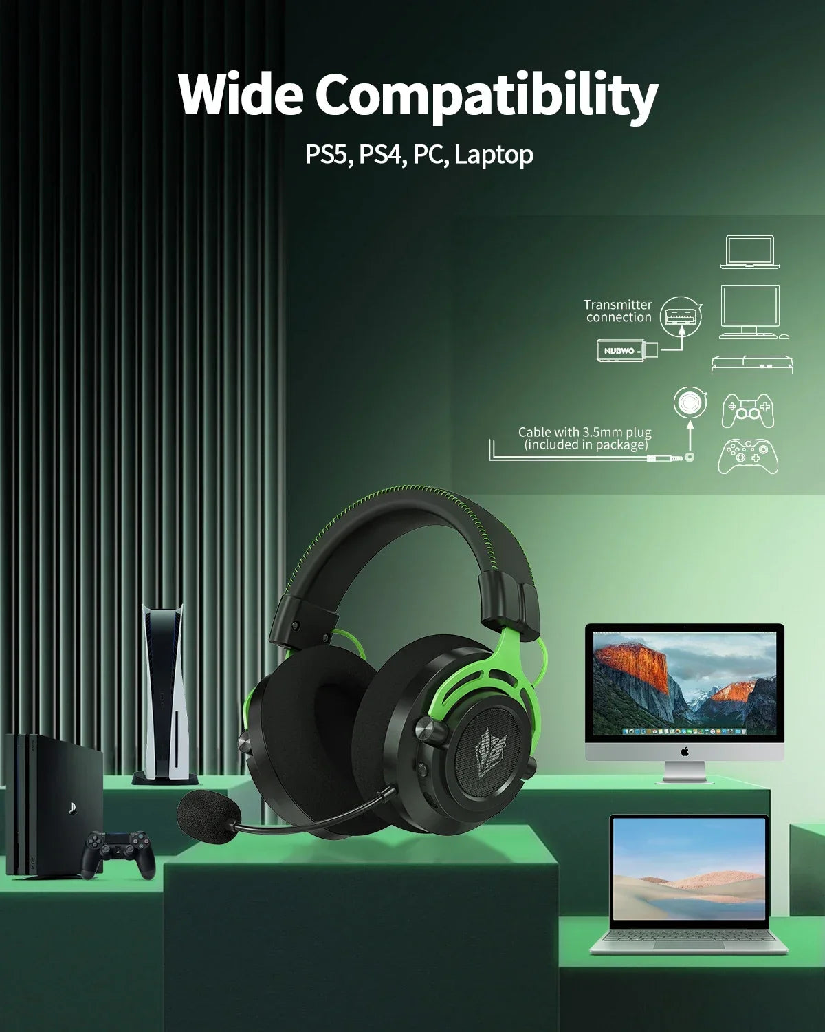 NUBWO G03 Headsets Gamer 2.4GHz Dual Stereo Sound Wireless Bluetooth Gaming Headphone with Dongle Noise Canceling Microphone