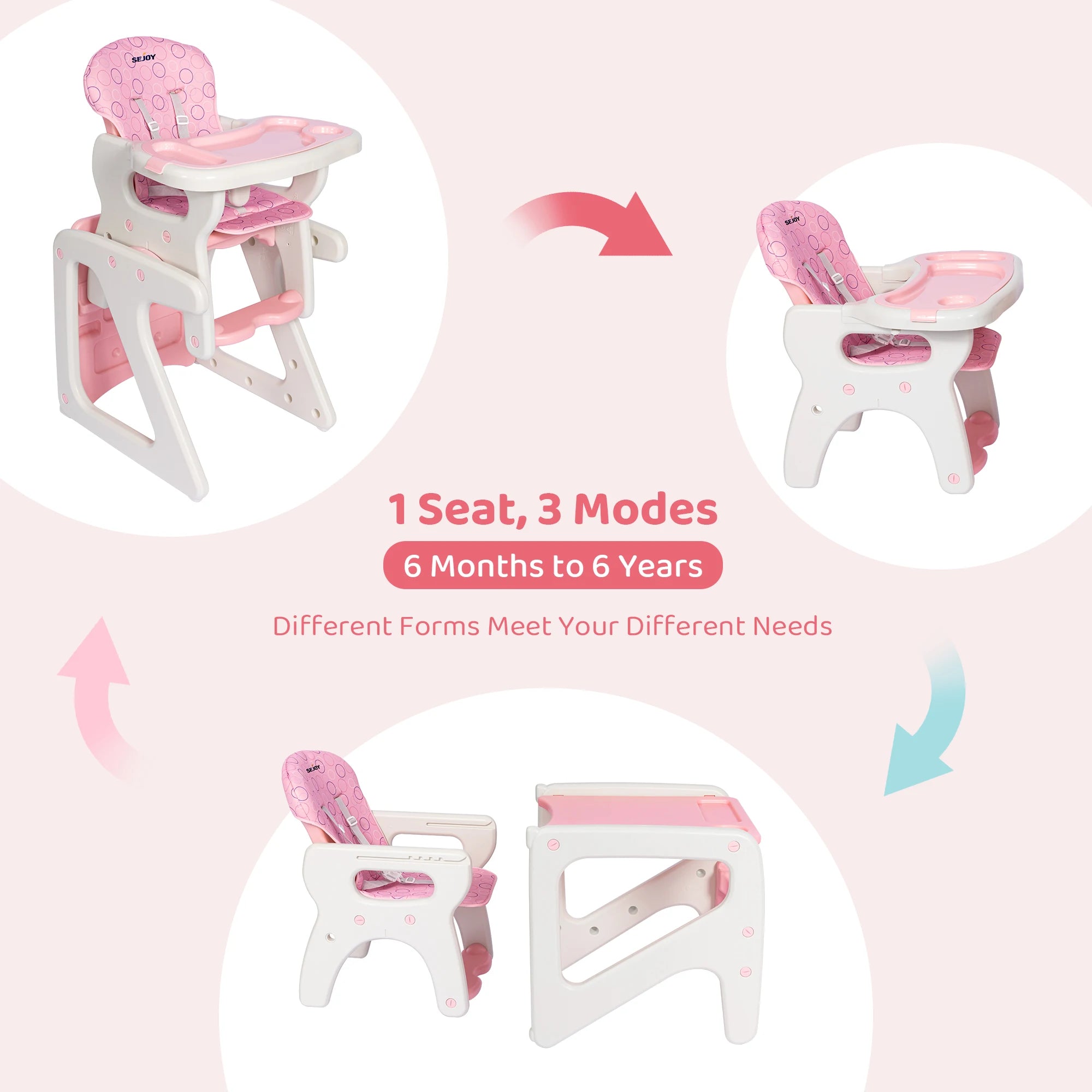 High Chair, Adjustable Baby Eating Chair for Babies and Toddlers, Convertible Baby Seat for 6 Months to 3 Years Highchairs
