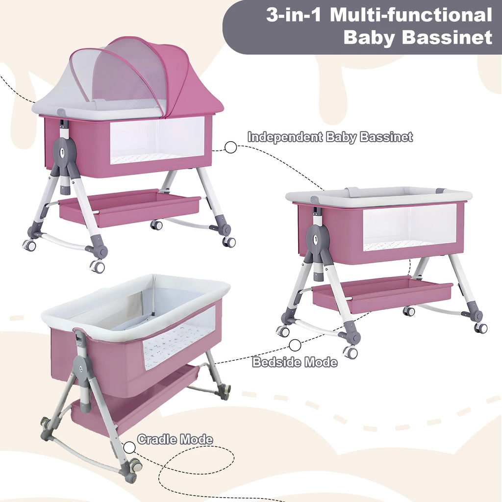 Baby Crib Portable Splicing Cradle Bed Foldable Height Adjustable 3 in 1 Bassinet Bedside Sleeper with Wheels mosquito net