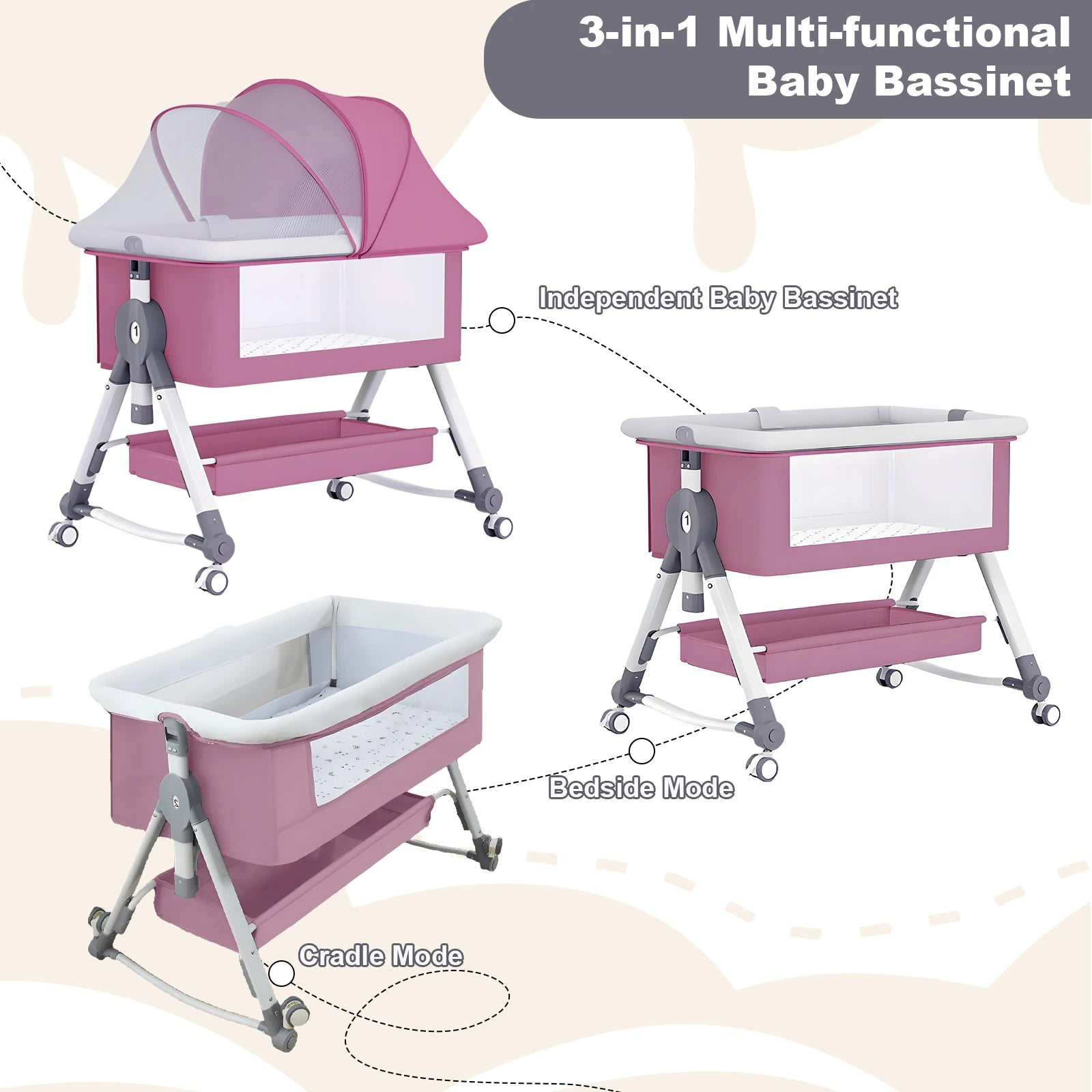 Baby Crib Portable Splicing Cradle Bed Foldable Height Adjustable 3 in 1 Bassinet Bedside Sleeper with Wheels mosquito net