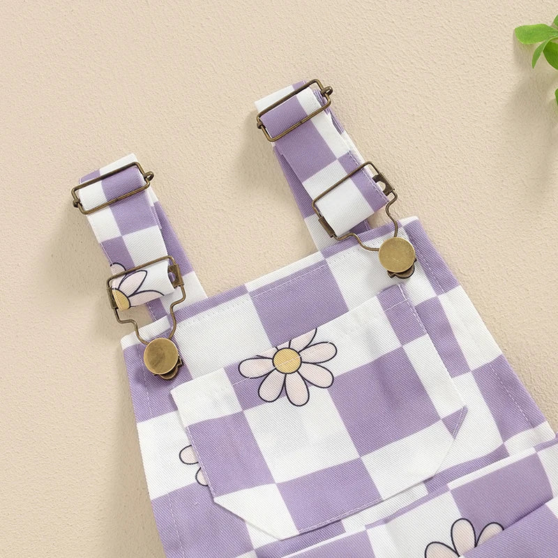Toddler Baby Girl Overalls Short Checkerboard Floral Print Summer Sleeveless Romper Jumpsuit Girls Clothes