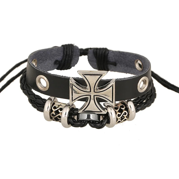 Cross-Border European and American Jewelry, Personalized Retro Beaded Leather Bracelets, Simple Pull-Adjustable Bracelets for Men and Women.