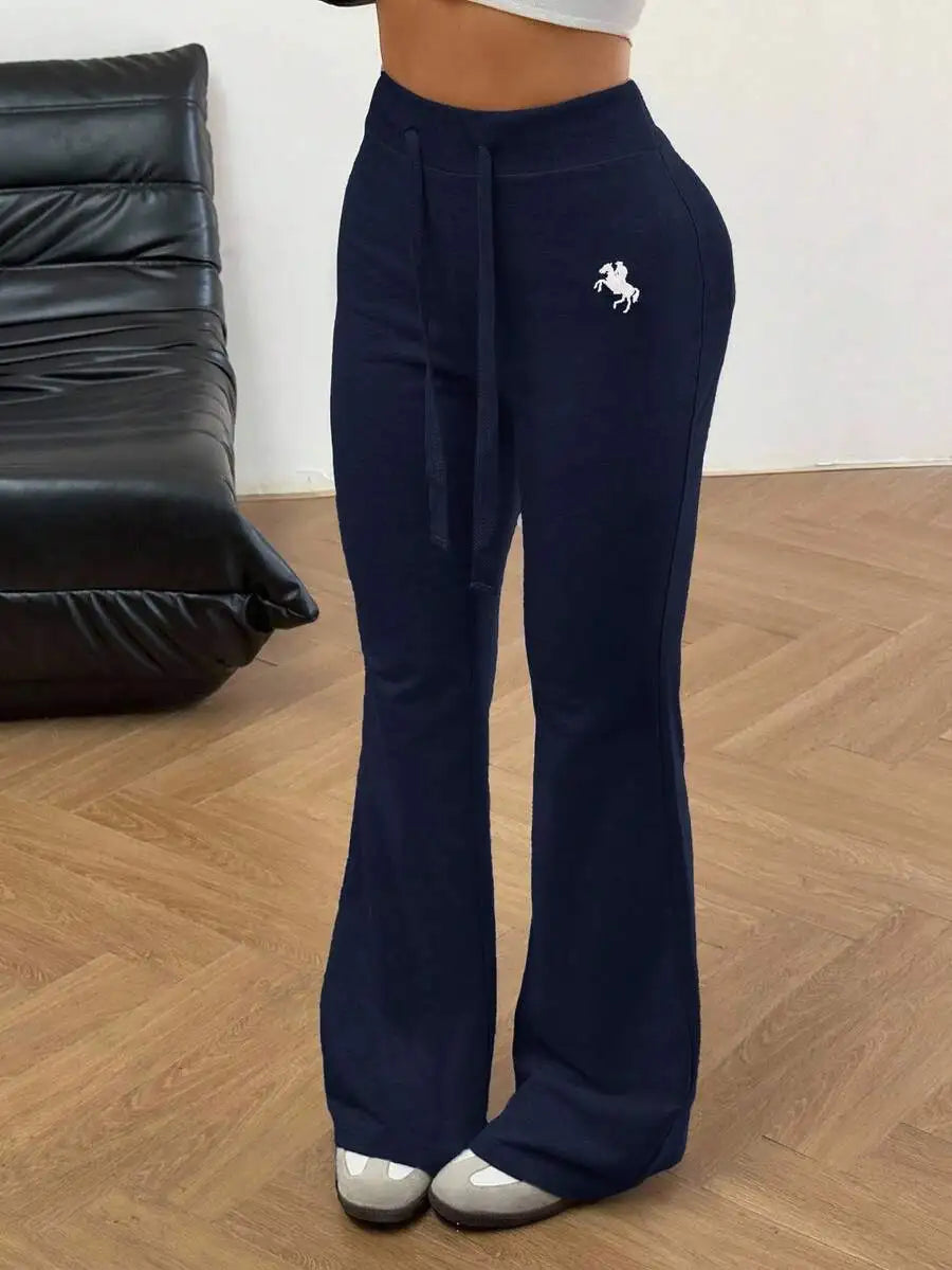 Women's Gray Knitted Flare Sweatpants with Drawstring Waist.