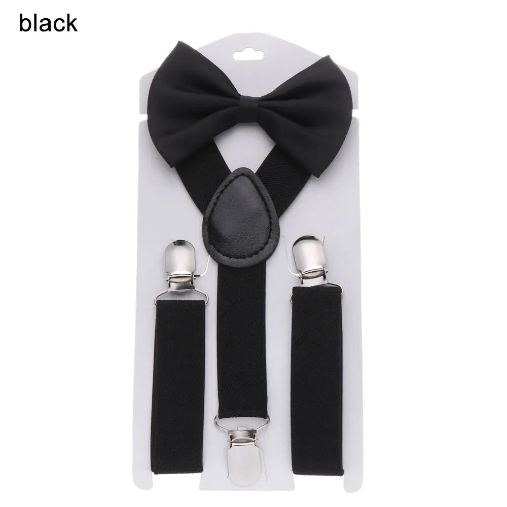 Kids Elastic Suspenders Bow Tie set Matching Tuxedo Suit Unisex Boy Girl Bowtie Wedding Costume Adjustable Y-Back Brace Belt