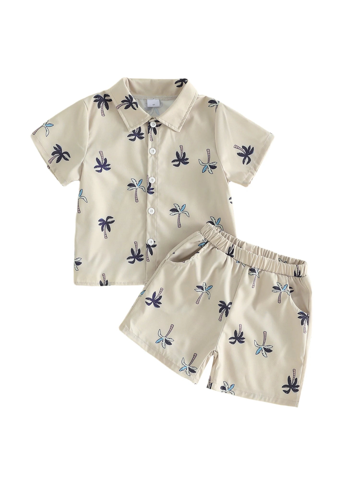2Pcs Baby Boy Summer Clothes Short Sleeve Lapel Neck Coconut Tree Print Button Down Shirts and Elastic Waist Shorts Set for
