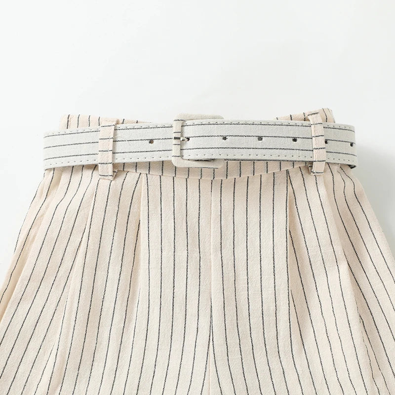 Toddler Girl Summer Outfits Stripe Print Flutter Sleeve Tank Tops + Belted Shorts 2Pcs Set