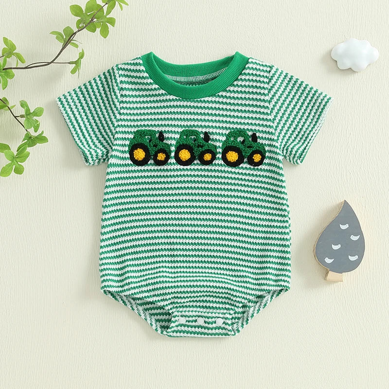 Summer Baby Girls Boys Rompers Waffle Truck Embroidery Stripe Short Sleeve Jumpsuits